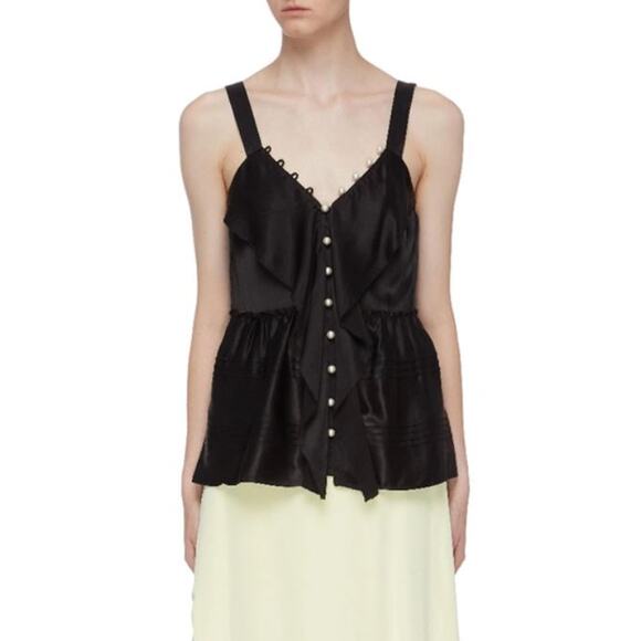 3.1 Phillip Lim Satin Pearl Button Ruffle Cascade Tank Top Black Women's Size 0 - Picture 1 of 5